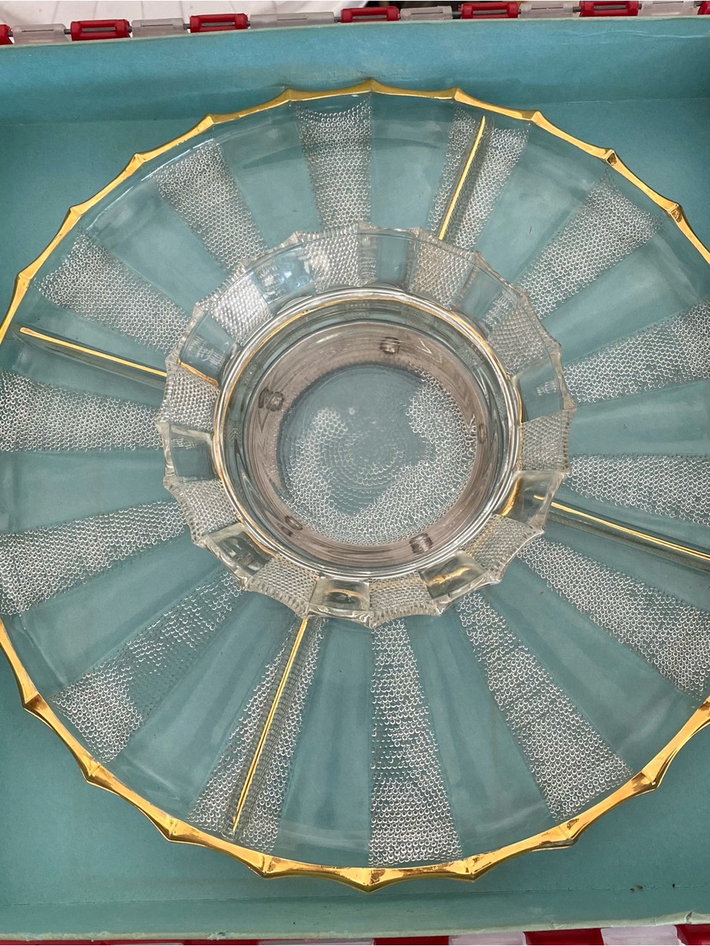 1953 Jeannette Glass DEWDROP Crystal Lazy Susan Divided Tray Gold Trim Scalloped